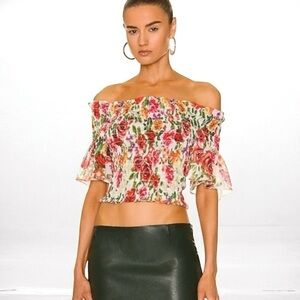 🌻NEW w/tags L'AGENCE Bexley Off Shoulder Top in White Multi Garden | Size Small